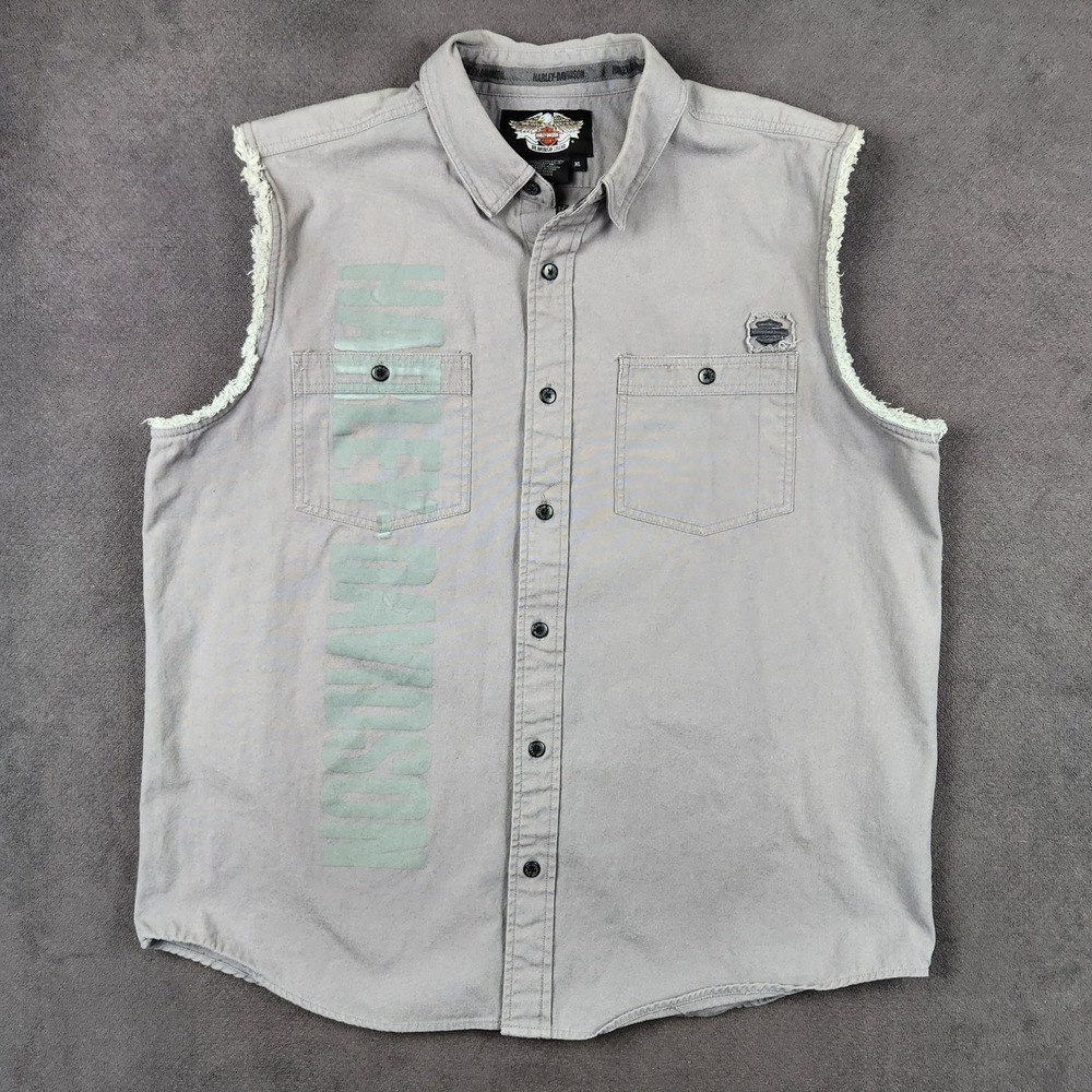 Harley Davidson Sleeveless Shirt Mens XL Gray Graphic Distressed Button Up